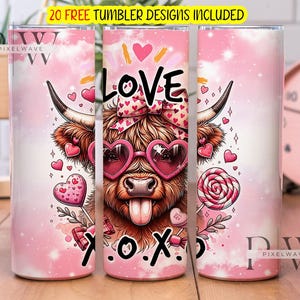 XOXO Valentinstag 20 Unzen Tumbler Wrap, Highland Kuh Sublimationsdesign, Valentine Tumbler Png Download