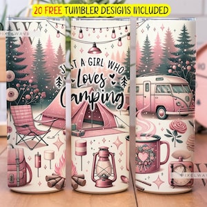 Solo una chica que ama acampar Vaso delgado de 20 oz Envoltura PNG Diseños de sublimación de aventuras en campamentos