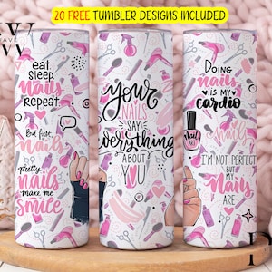 Tecnología de uñas y diseño de sublimación de cabello PNG, Diseño de sublimación de estilista de cabello PNG, Nail 20oz Skinny Tumbler Png, Salón de belleza Png