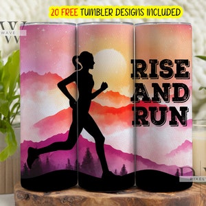 Retro Woman Runner Tumbler Png, Rise and Run Tumbler Wrap, Mountains 20 oz Skinny Tumbler Sublimation Design Digital Download PNG