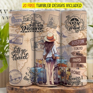 Reizend meisje sublimatiebeker PNG, Travel Wanderlust Tumbler Wrap 20 Oz Skinny Tumbler digitale download, wereldreiziger Tumbler png