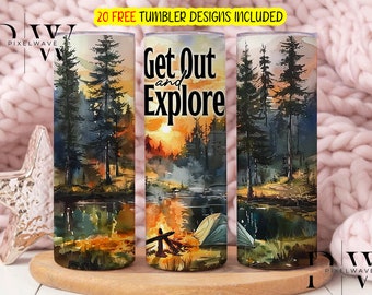May include: A watercolor design featuring a sunset scene with trees, a lake, and a campfire. The text "Get Out and Explore" is written in black on a white background. This design is perfect for a tumbler.