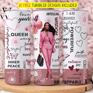 Różowa inspirująca czarna kobieta tumbler wrap, Affirmations tumbler png, Różowa afroamerykańska tumbler wrap, Różowa 20oz chuda tumbler Png