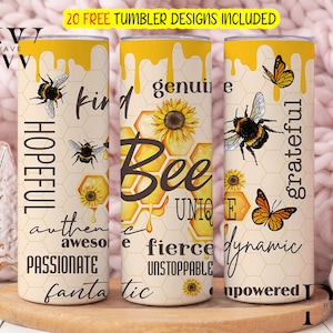 Sonnenblumenbiene Positive Affirmations Sublimationsbecher PNG Design, Sonnenblumenbiene 20 Unze Skinny Tumble Wrap, inspirierender digitaler Download