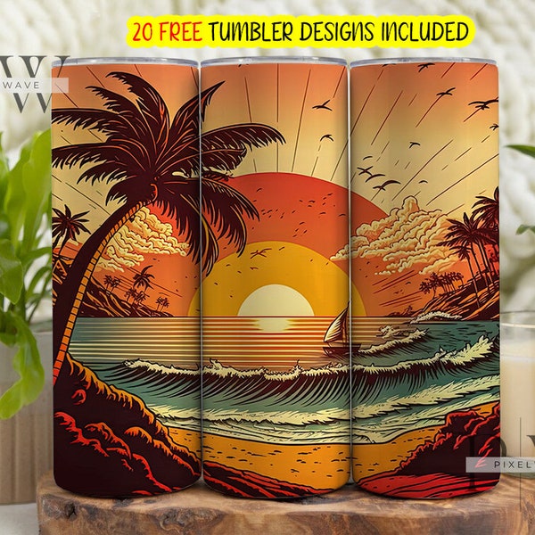 Sunset At The Beach 20 Oz Skinny Tumbler Sublimation Design, Retro Surf board Palm Tree Ocean Digital PNG Wrap, Beach Vacation Summer
