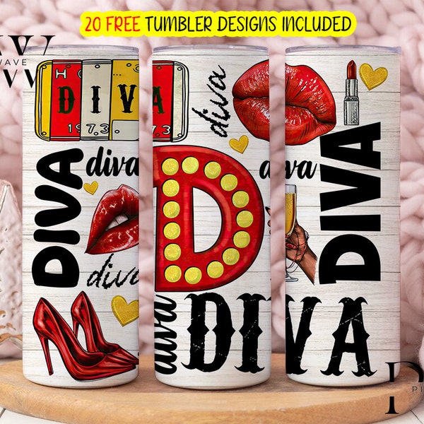 Diva 20 oz Skinny Tumbler Png Sublimation Design Download, Diva Tumbler Wrap png, Diva 20 Oz Tumbler Designs, Diva tumbler png download