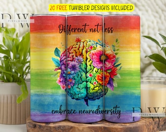 Different Not Less, Neurodiversity 20oz Skinny Tumbler Sublimation Design, Autism Sublimation Design, Affirmation Tumbler Png Wrap Download