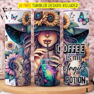 Coffee is My Magic Potion Tumbler Wrap, divertente bicchiere da caffè, design magro del bicchiere a sublimazione da 20 once, regalo per gli amanti del caffè, caffè PNG
