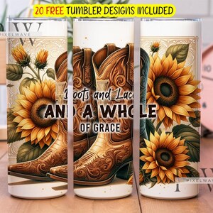 Bottes, dentelle et beaucoup de grâce design en sublimation de gobelet skinny 20 oz, enveloppe de gobelet fleur, téléchargement numérique PNG instantané