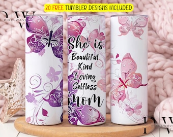 Pink Mom Tumbler Wrap, 20 oz Skinny Sublimation Tumbler Design, Mother's Day Sublimation Design Png, Floral Butterfly Tumbler Png Download