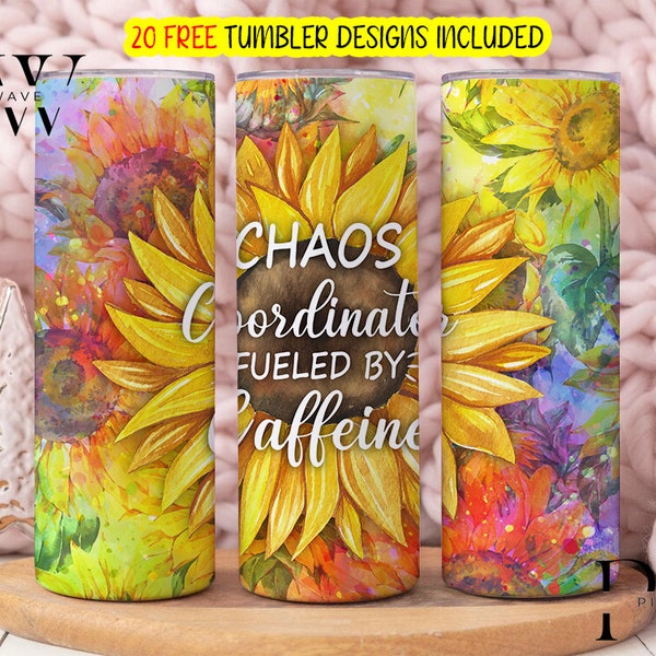 Chaos Coordinator 20oz Skinny Tumbler Sublimation Design Digital Download PNG, Sunflower  Instant DIGITAL ONLY, Coffee Humor Tumbler Wrap