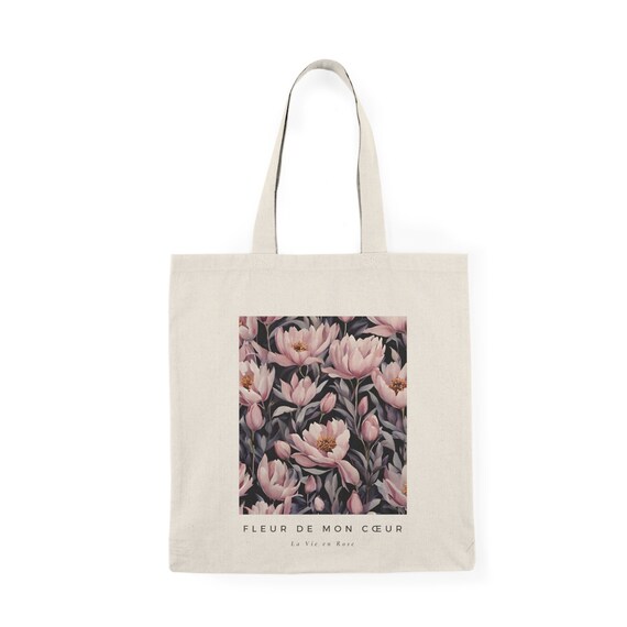 French Pink Floral Natural Canvas Tote Bag Fleur De Mon Coeur Etsy