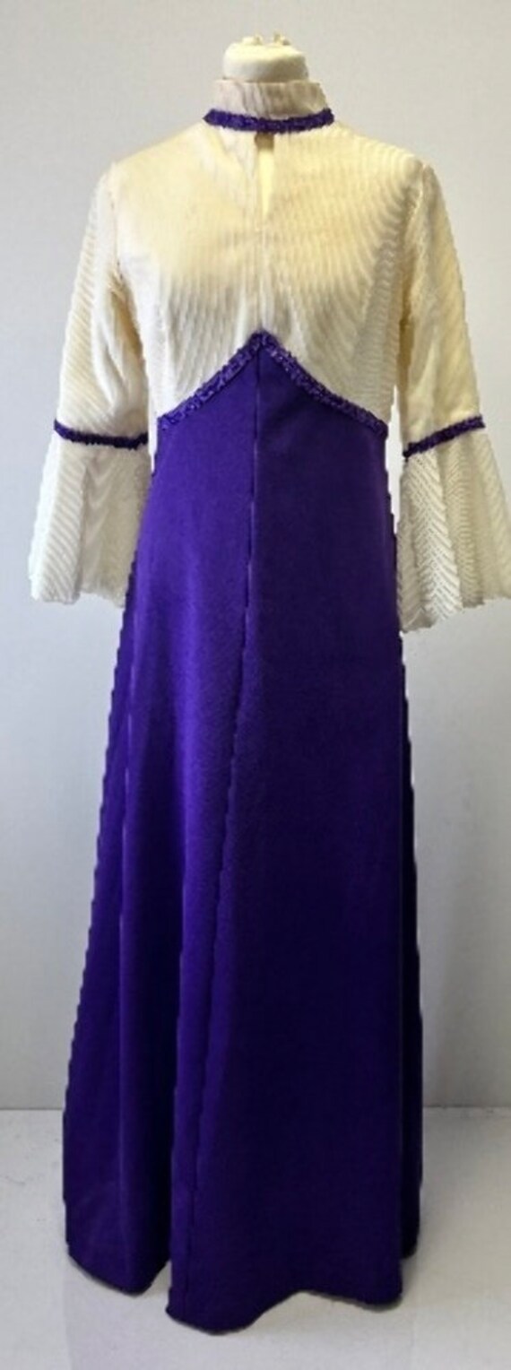Vintage 1970s Dress Purple Cream 1960s Flowy Slee… - image 3