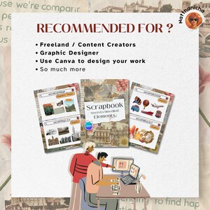 Pu&ograve; includere: Due persone sono sedute a un tavolo usando un laptop e un computer desktop. Lo schermo del computer desktop mostra un design Canva. L'immagine &egrave; un tutorial di progettazione grafica per utilizzare Canva per creare elementi di scrapbooking. Il testo sull'immagine dice "Scrapbook Secrets Unveiled Elements".
