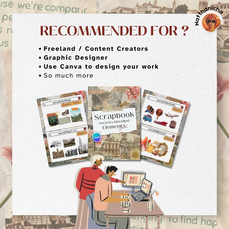 Pu&ograve; includere: Due persone sono sedute a un tavolo usando un laptop e un computer desktop. Lo schermo del computer desktop mostra un design Canva. L'immagine &egrave; un tutorial di progettazione grafica per utilizzare Canva per creare elementi di scrapbooking. Il testo sull'immagine dice "Scrapbook Secrets Unveiled Elements".