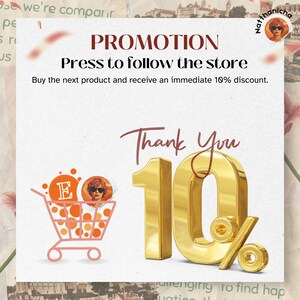 Pu&ograve; includere: Un segno 10% dorato con un'icona di carrello della spesa e il testo "PROMOTION Premi per seguire il negozio Acquista il prossimo prodotto e ricevi uno sconto immediato del 10%. Grazie"