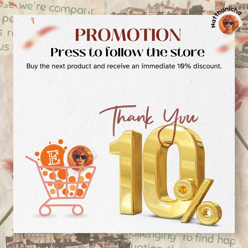 Pu&ograve; includere: Un segno 10% dorato con un'icona di carrello della spesa e il testo "PROMOTION Premi per seguire il negozio Acquista il prossimo prodotto e ricevi uno sconto immediato del 10%. Grazie"