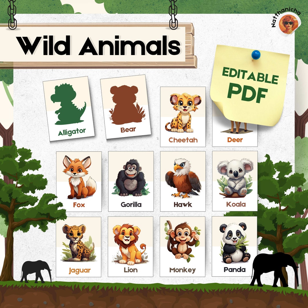 30 WILD ANIMALS Flash Cards editable Montessori Cards, PDF Printable ...