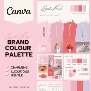May include: A brand color palette with the name "Crystal Pink" and the tagline "Brand Color Palette". The palette includes five colors: Mimi Pink, Orchid Pink, Light Coral, Thistle, and a darker pink. The color codes are listed below each color swatch. The mood board includes images of a woman wearing a fur coat, a woman with makeup, a bouquet of flowers, and a pair of gloves. The text "Mood Tone: Crystal Pink" is also included.