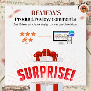 Pu&ograve; includere: Una grafica con il testo "REVIEWS" e "Product review comments" con una valutazione a stelle rosse e una freccia che punta a uno schermo di computer e un telefono cellulare che mostra un modello di progettazione Canva. Il testo "Get 10 free scrapbook design canvas template ideas." &egrave; anche incluso. La grafica presenta una scatola regalo rossa con il testo "SURPRISE!" in lettere rosse.
