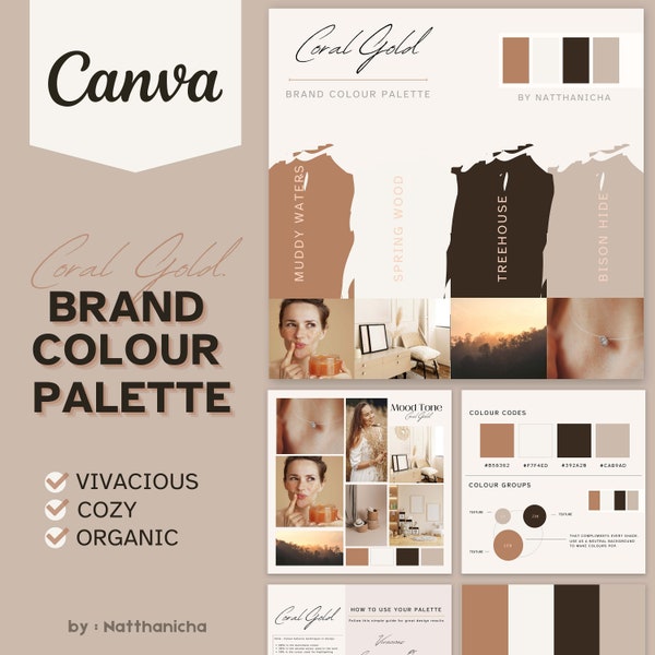 Deluxe Neutral Brand Palette |  Editable Canva Colour Palette with Hex Codes  | Designer Branding for Small Business  | Coral Gold Colour