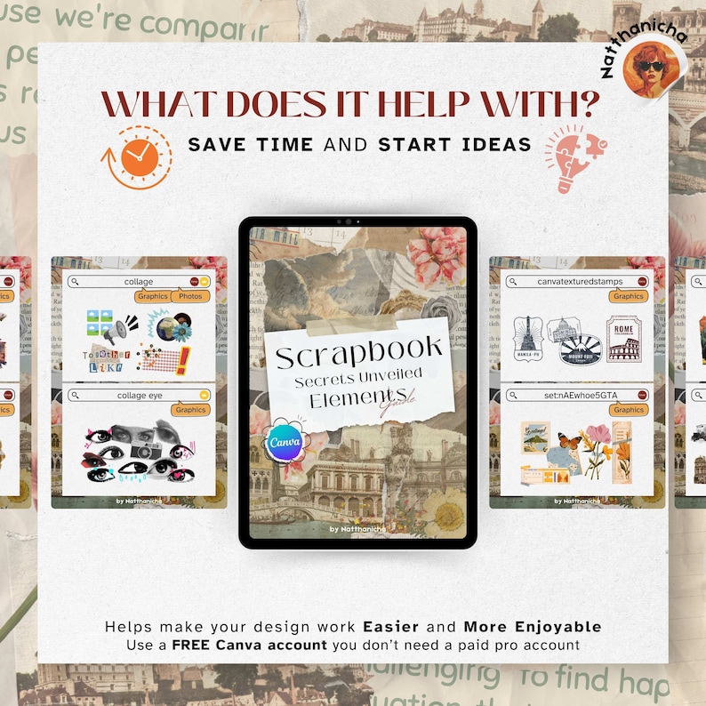 Pu&ograve; includere: Una guida digitale intitolata "Scrapbook Secrets Unveiled Elements Guide" di Natthanich, che presenta un collage di immagini e testo sullo schermo di un tablet. La guida &egrave; progettata per aiutare gli utenti a creare elementi di scrapbooking utilizzando Canva.