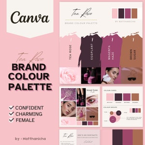 Può includere: Una tavolozza di colori di marca per un'azienda chiamata "Tea Rose" con lo slogan "Sicura, Affascinante, Femminile". La tavolozza comprende cinque colori: rosa tè, melanzana, nebbia magenta, zucchero di canna e un rosa chiaro. I colori sono visualizzati in una griglia con un moodboard di immagini sotto ogni colore.