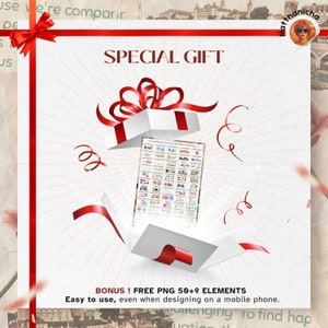 Pu&ograve; includere: Una scatola regalo rossa con un fiocco bianco &egrave; aperta per rivelare un foglio di carta con una griglia di icone colorate. Il testo "SPECIAL GIFT" &egrave; sopra la scatola e "BONUS! FREE PNG 50+9 ELEMENTS Easy to use, even when designing on a mobile phone." &egrave; sotto la scatola.