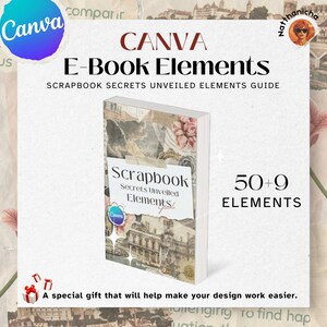 Pu&ograve; includere: Una copertina di ebook Canva con uno sfondo bianco e un design floreale rosa e bianco. Il titolo &egrave; "Scrapbook Secrets Unveiled Elements Guide" e il sottotitolo &egrave; "50+9 Elements". La copertina presenta un libro con un collage di immagini e il testo "Scrapbook Secrets Unveiled Elements".