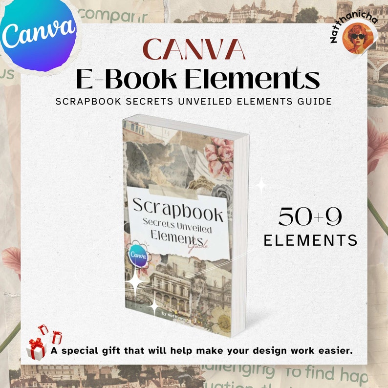 Pu&ograve; includere: Una copertina di ebook Canva con uno sfondo bianco e un design floreale rosa e bianco. Il titolo &egrave; "Scrapbook Secrets Unveiled Elements Guide" e il sottotitolo &egrave; "50+9 Elements". La copertina presenta un libro con un collage di immagini e il testo "Scrapbook Secrets Unveiled Elements".