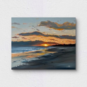 Original Oil Painting: Sunset Beach Seascape - Coastal Wall Art 11x14