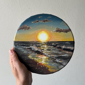 ORIGINAL OIL PAINTING Seascape on canvas, Sunset Beach Painting, Round Small Oil painting, Sea Sun Artwork, Small Oil Round Picture