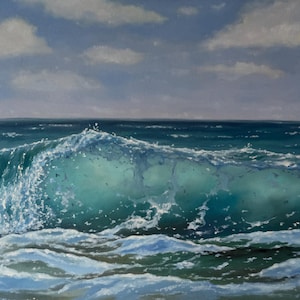 May include: An oil painting of a breaking wave in the ocean. The wave is a translucent turquoise, with white foam and spray. The sky is a pale blue with scattered white clouds. The artwork captures the dynamic movement of the sea.