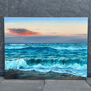 Original Seascape Oil Painting: Turquoise Ocean Waves, Sunset Artwork (18x24 inch)