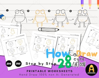How to draw 28 cute cartoons doodle worksheet, Halloween, Monster, Step by Step Kids Drawing, How to Draw Kawaii, Printable, Learn to Doodle