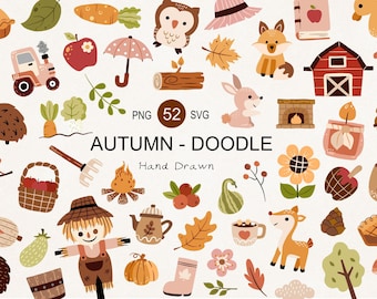 52 Hand Drawn Autumn, Fall Doodles, Farm SVG Bundle, Hand drawn cute animals PNG, illustration, Boho clipart, leaves clipart, Commercial use