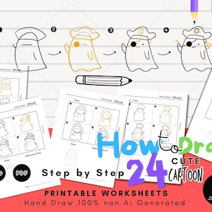 Puede incluir: Hojas de trabajo imprimibles para dibujar un lindo fantasma de dibujos animados. Las hojas de trabajo muestran una guía paso a paso para dibujar el fantasma, comenzando con una forma simple y agregando detalles en cada paso. El texto "How to Draw 24 Cute Cartoon" es visible en la parte inferior de la imagen.