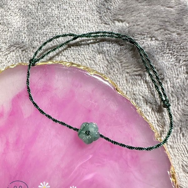 Gradient dark green cherry flower jadeite jade stone rope bracelet