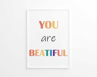 Impresión de afirmación "Eres hermosa" - Arte mural con citas positivas - Descarga digital para inspiración diaria y amor propio
