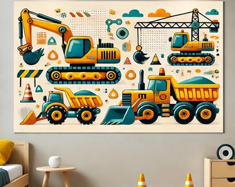 Construction Vehicles Printable Wall Art |  Digital Download for Boys Room, Nursery Decor & Playroom Transportation Theme