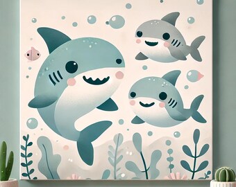 May include: Square canvas art featuring a family of cartoon sharks in shades of blue and gray. The artwork depicts a large shark with two smaller sharks, surrounded by bubbles and aquatic plants. The sharks have smiling faces and are set against a light background.
