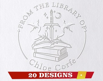 May include: A white and gray circular logo with the text "From the Library of Chloe Corfe" and a design of a sword, a crescent moon, and three books. The text "20 Designs" is below the logo.