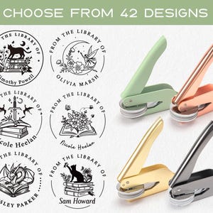 May include: Image features a selection of library seals with various designs, including a cat on books, a fairy, and a dragon. The seals are accompanied by four different colored seal presses: green, rose gold, gold, and gunmetal.