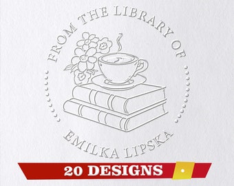 May include: A white embossed circle stamp with the text "From the Library of Emilka Lipska" and a design of a cup of coffee with steam rising from it, sitting on top of two books with flowers behind the cup. The text "20 Designs" is below the circle.