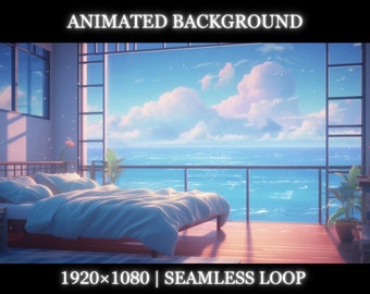 Vtuber animated background | Ocean view bedroom animated background | bedroom twitch stream overlay, seamless looped background