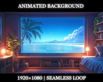 Vtuber animated background | Ocean view bedroom animated background | bedroom twitch stream overlay, seamless looped background