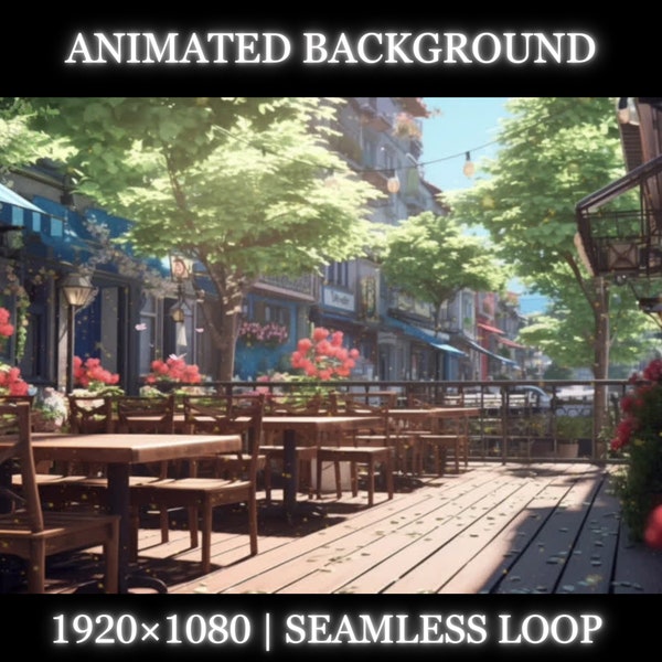 Vtuber animated background | Outdoor cafe animated background | Cafe twitch stream overlay, Vtuber seamless looped background