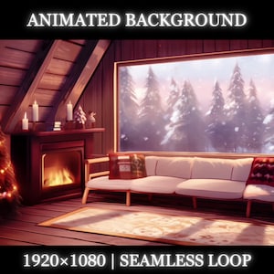 Puede incluir: Fondo animado que muestra el interior de una cabaña acogedora con una chimenea encendida, un árbol de Navidad con luces, un sofá con almohadas y una ventana con vista a un bosque nevado. El texto "1920x1080 | BUCLE SIN SOLDADURA" está en la parte inferior de la imagen.