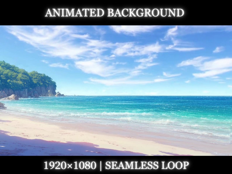 May include: An animated background featuring a beach scene with a sandy shore, turquoise blue water, and a rocky coastline with lush green trees. The sky is a bright blue with white clouds. The text "1920x1080 | SEAMLESS LOOP" is at the bottom of the image.