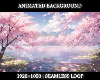 Vtuber animated background | Spring lake with sakura animated background | twitch stream overlay, Vtuber seamless looped background